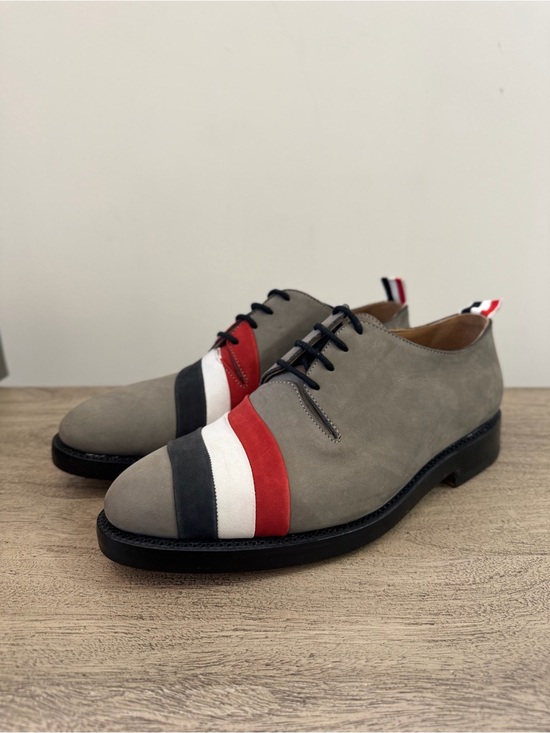 Thom Browne Gray Suede Oxfords with Red, White & Black Stripes